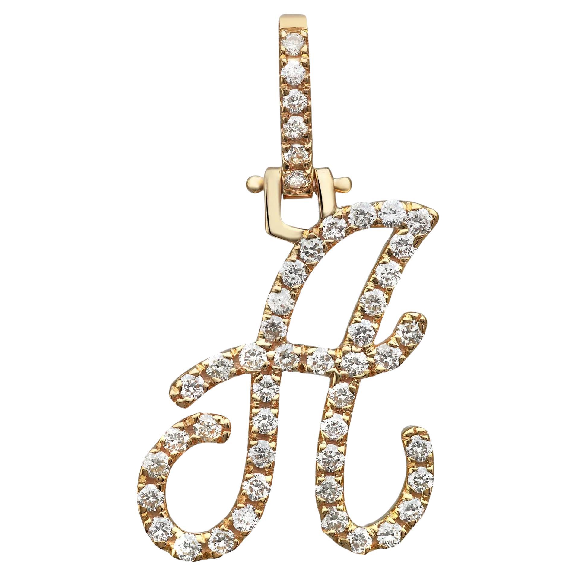 Round Cut Diamond "A" Calligraphy Initial Letter Pendant 14K Yellow Gold 0.58Ctw For Sale
