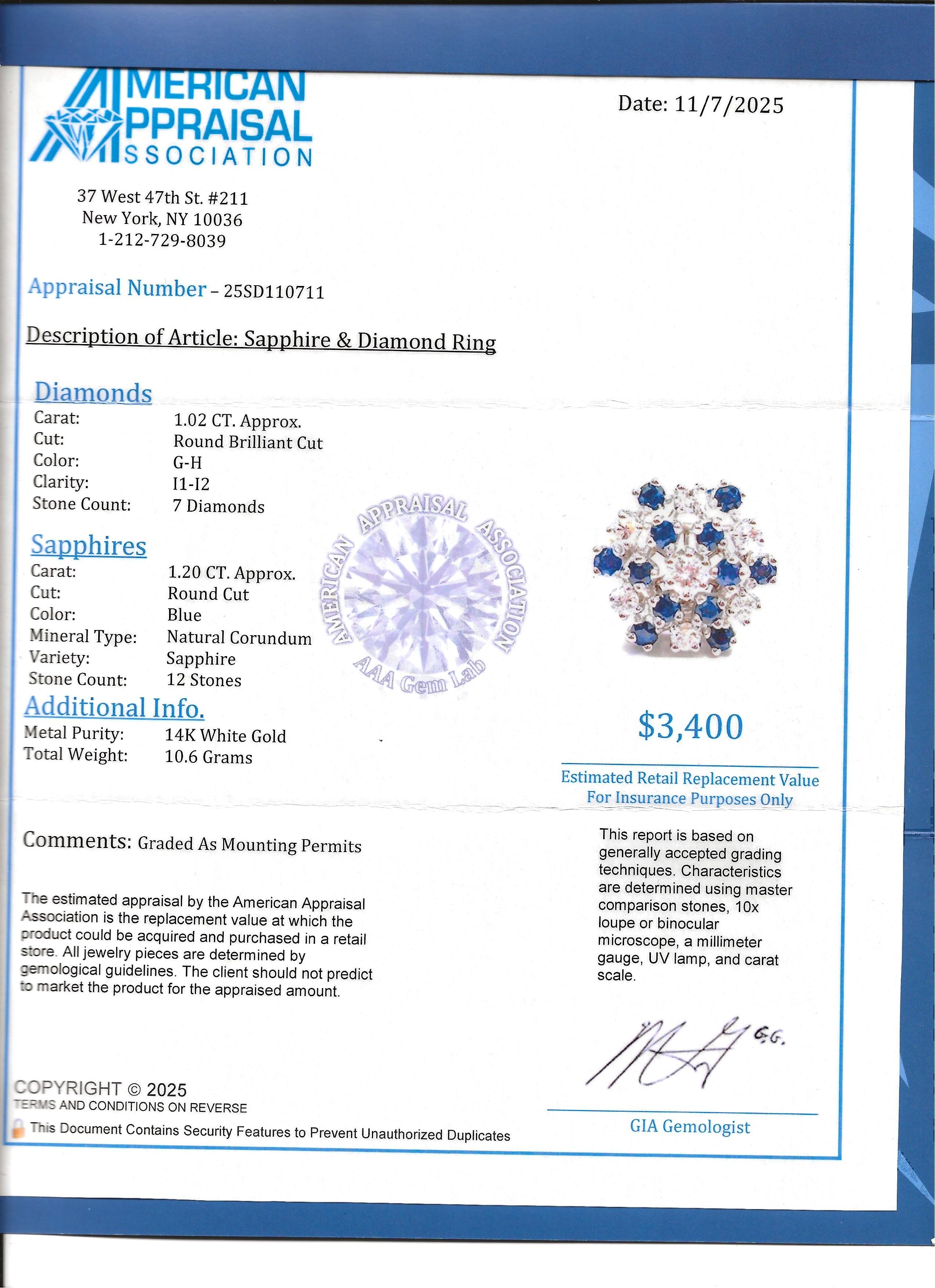 Bague cocktail en or blanc 14 carats avec diamants ronds et saphirs bleus en vente 6