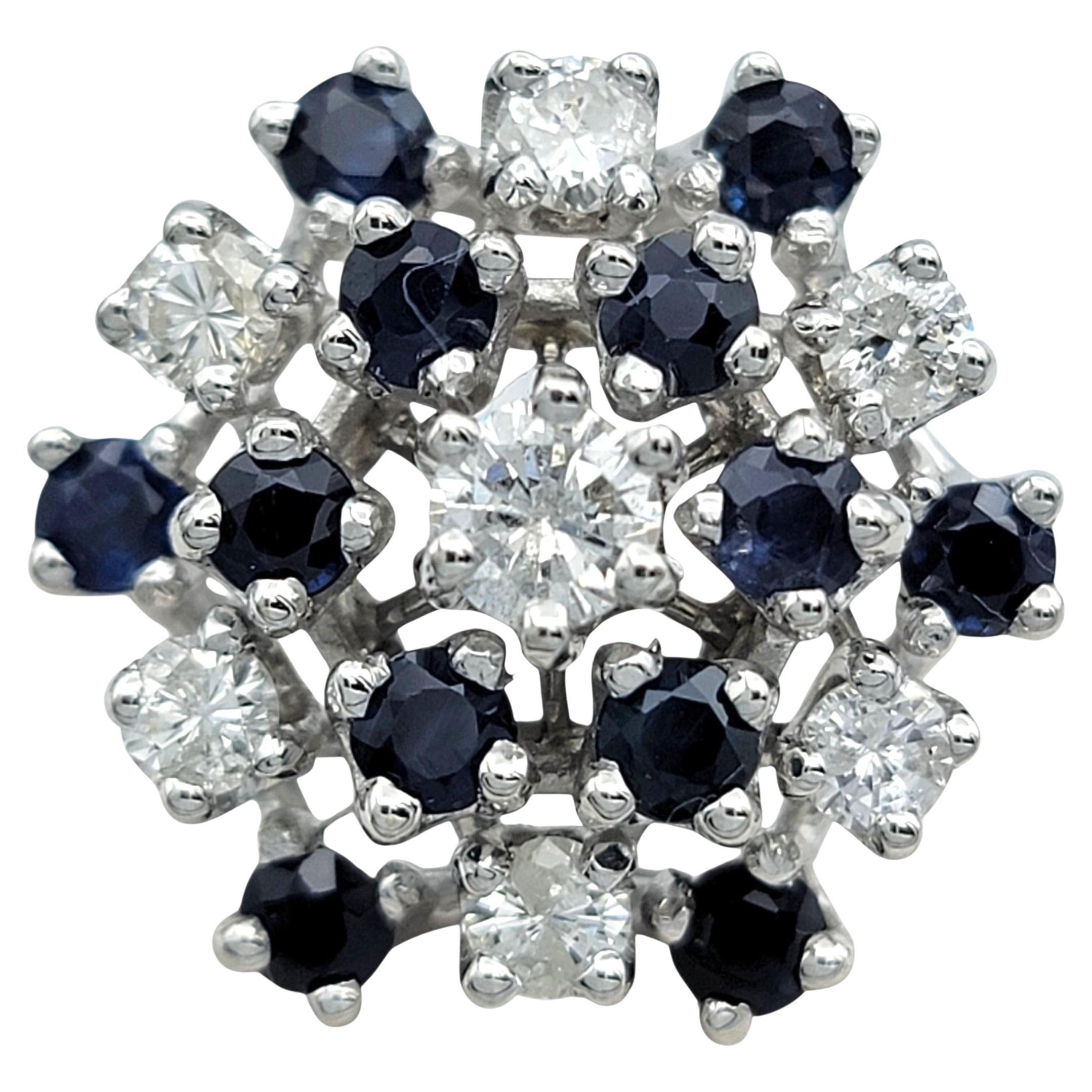 Round Cut Diamond and Blue Sapphire Cluster Cocktail Ring in 14 Karat White Gold