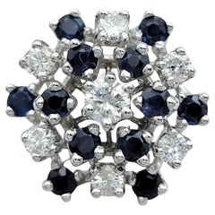Round Cut Diamond and Blue Sapphire Cluster Cocktail Ring in 14 Karat White Gold