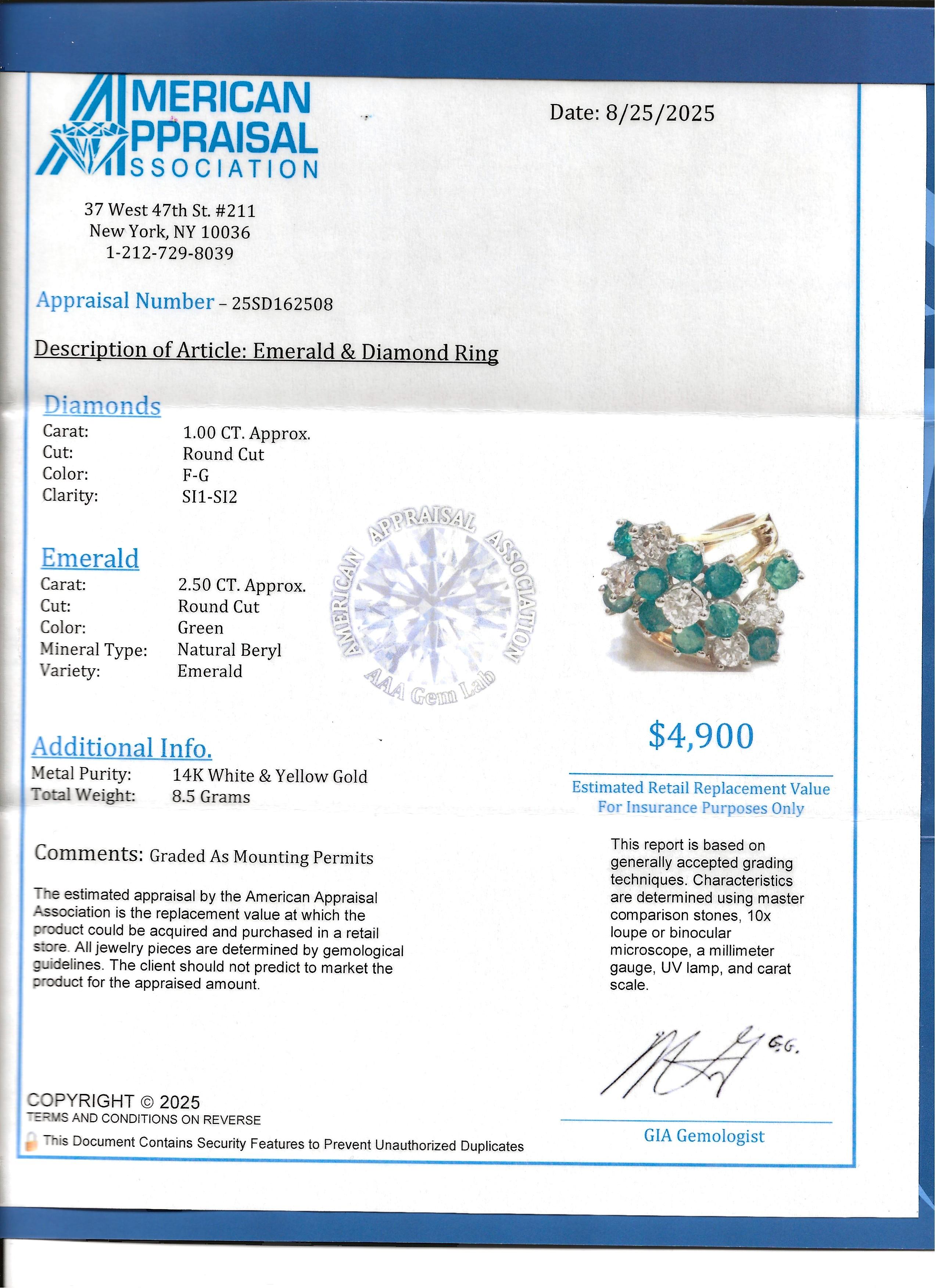 Bague de cocktail en or 14 carats avec diamants ronds et émeraudes en forme de grappe sur la tige fendue en vente 4