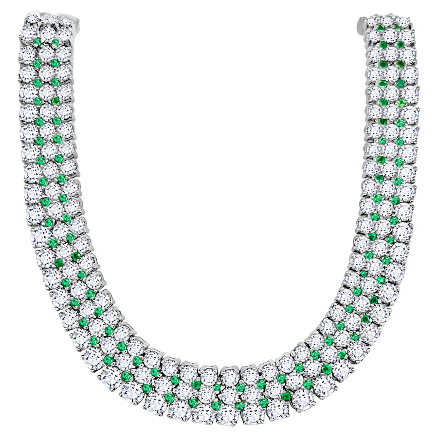 Round Cut Diamond and Emerald Flexible Choker in 18k white gold  For Sale