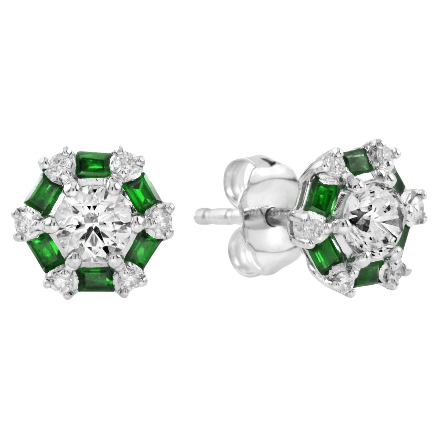 Round Cut Diamond and Emerald Halo Stud Earrings in 18K White Gold