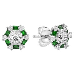 Round Cut Diamond and Emerald Halo Stud Earrings in 18K White Gold
