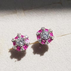 Round Cut Diamond and Ruby Art Deco Style Stud Earrings in 14K White Gold