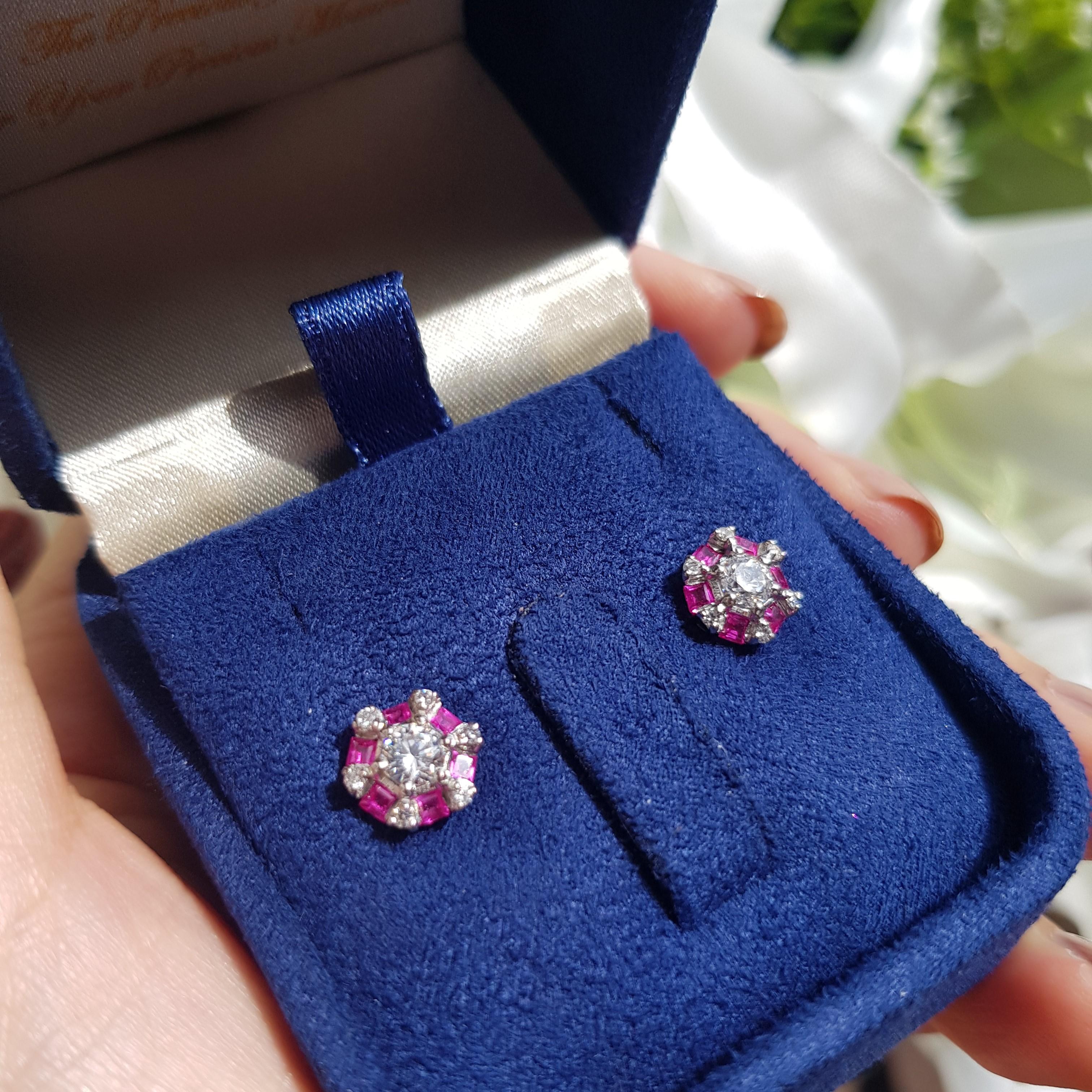 Art Deco Round Cut Diamond and Ruby Cluster Earrings in 14K White Gold For Sale