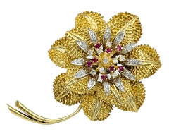Round Cut Diamond and Ruby Large Flower Brooch in Textured 18 Karat Yellow Gold