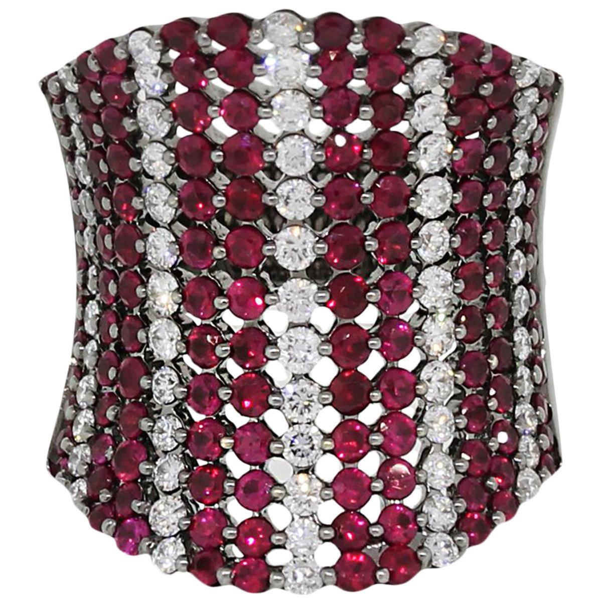 Round Cut Diamond and Ruby Wide Striped Band