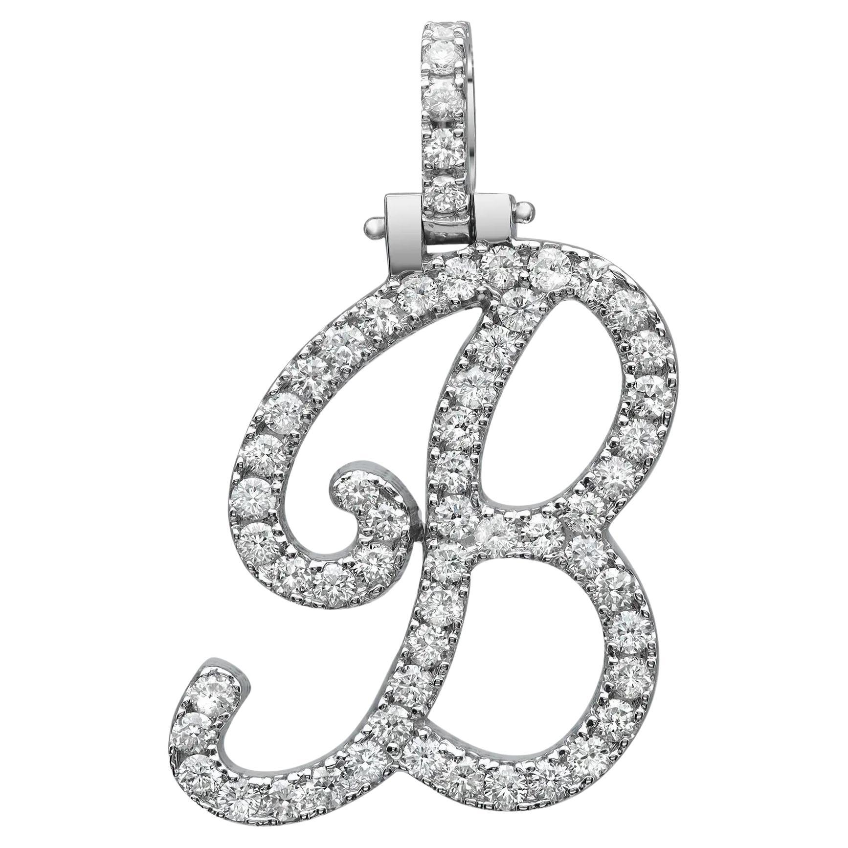 Round Cut Diamond "B" Calligraphy Initial Letter Pendant 14K White Gold 1.23Cttw For Sale