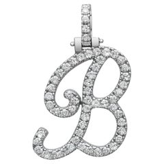 Round Cut Diamond "B" Calligraphy Initial Letter Pendant 14K White Gold 1.23Cttw