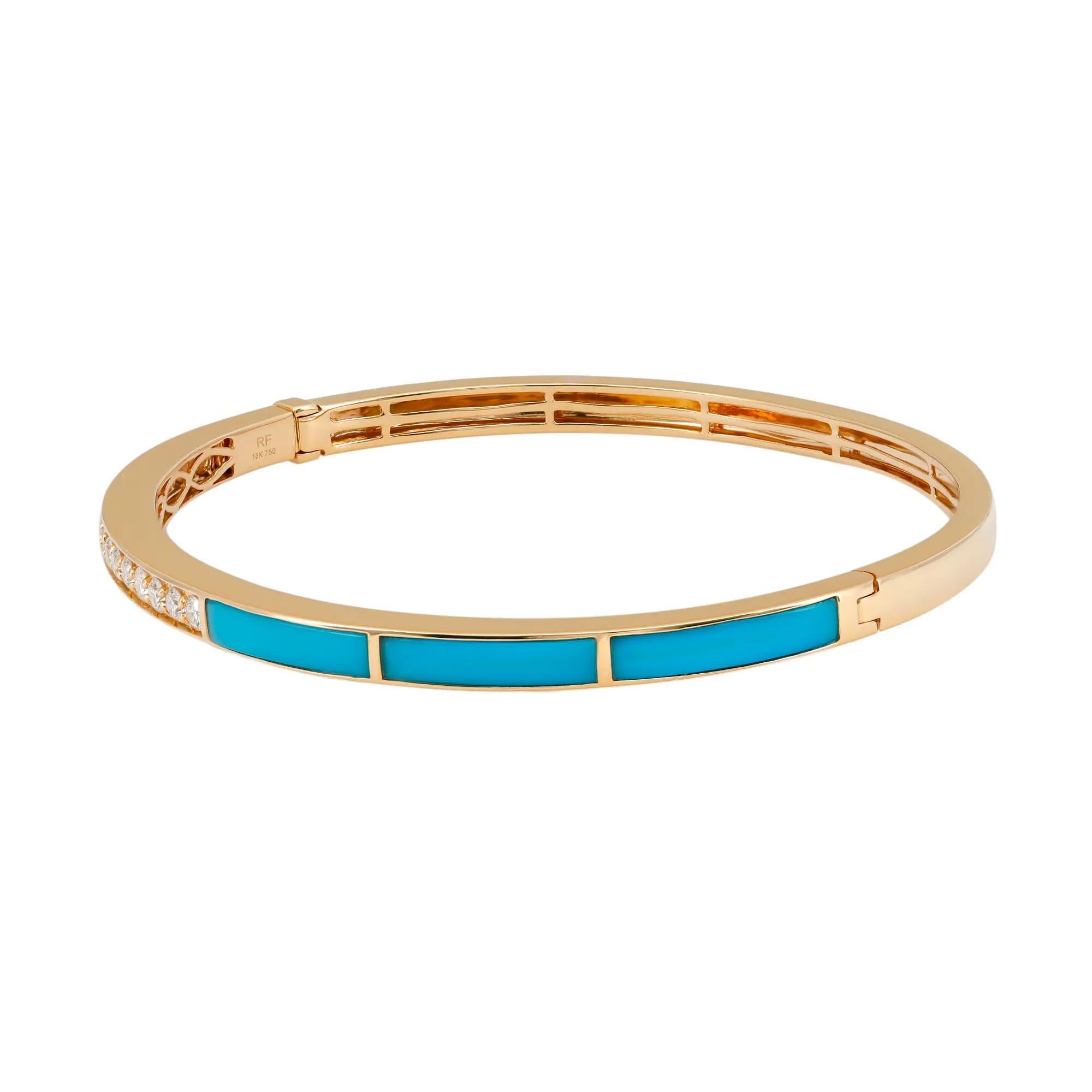 Ce bracelet joliment confectionné est orné de 16 diamants ronds de taille brillant incrustés sur la moitié de la longueur en serti clos et d'émail bleu sur l'autre moitié. Fabriqué en or jaune 18 carats. Poids total des diamants : 0,73 carat.