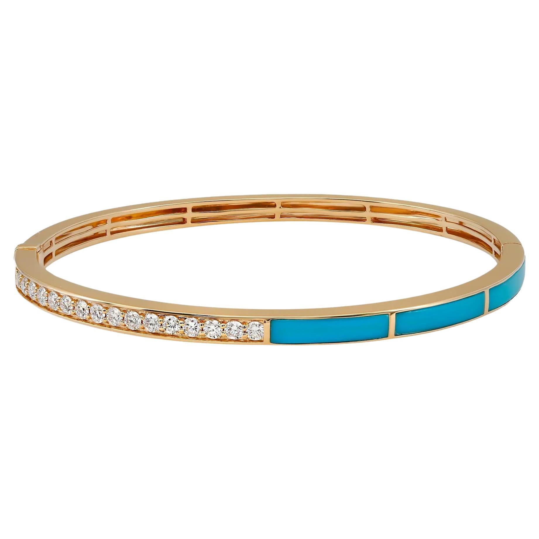 Round Cut Diamond & Blue Enamel Bangle Bracelet 18K Yellow Gold 0.73Cttw 