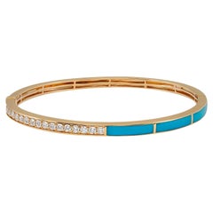 Round Cut Diamond & Blue Enamel Bangle Bracelet 18K Yellow Gold 0.73Cttw 