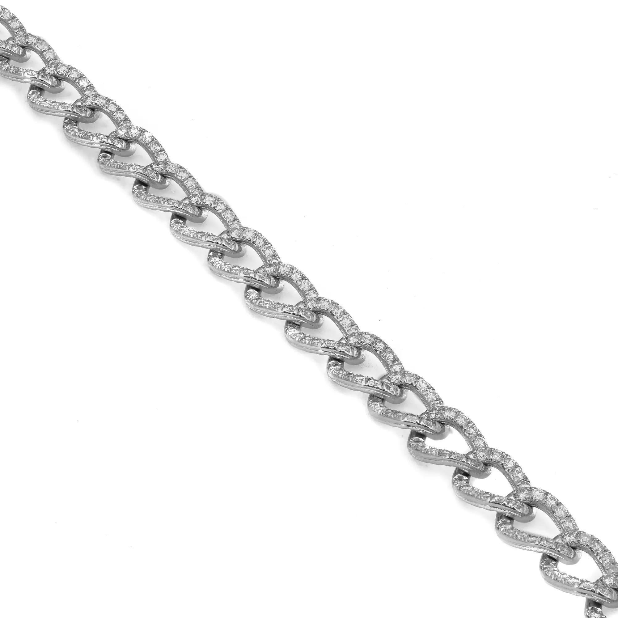 Round Cut Diamond Cuban Link Chain Bracelet 14K White Gold 7 Inches In New Condition For Sale In New York, NY