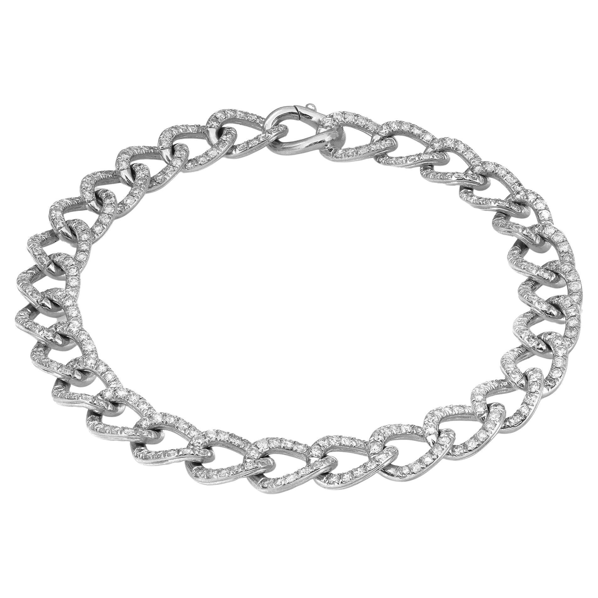 Round Cut Diamond Cuban Link Chain Bracelet 14K White Gold 7 Inches For Sale