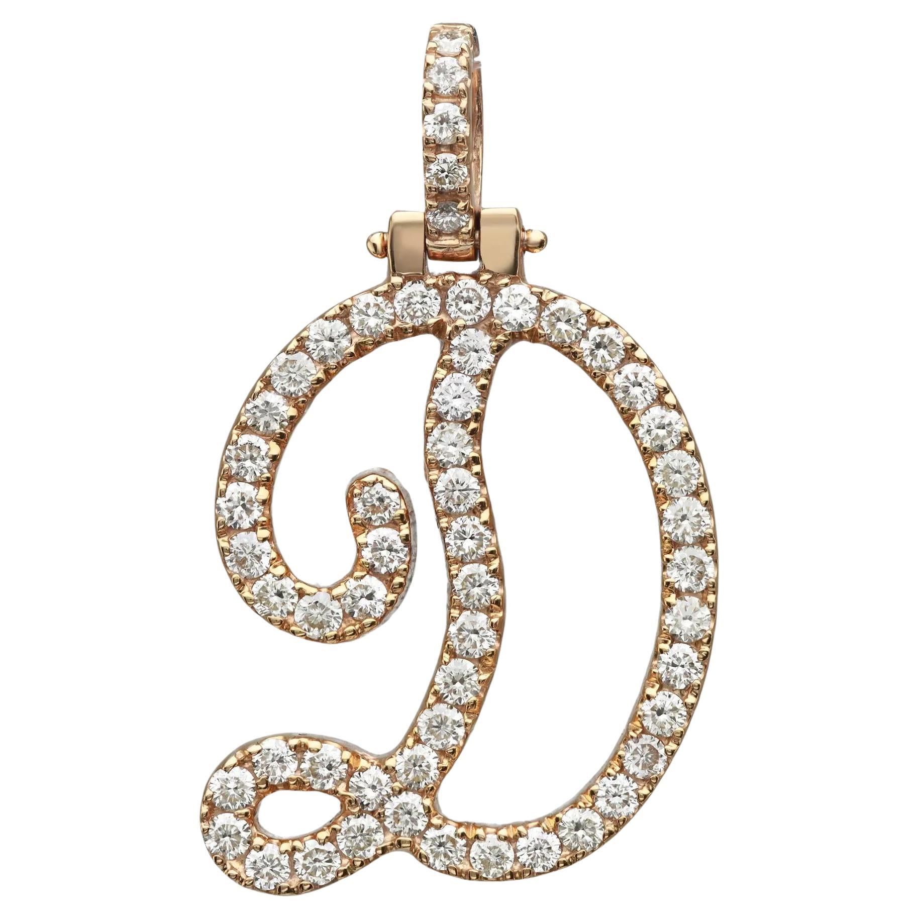 Round Cut Diamond "D" Calligraphy Initial Letter Pendant 14K Yellow Gold 1.08Ctw