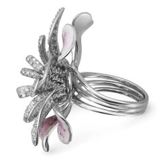 Round Cut Diamond & Enamel Flower Cocktail Ring 18K White Gold 4.25Cttw Size 7.5