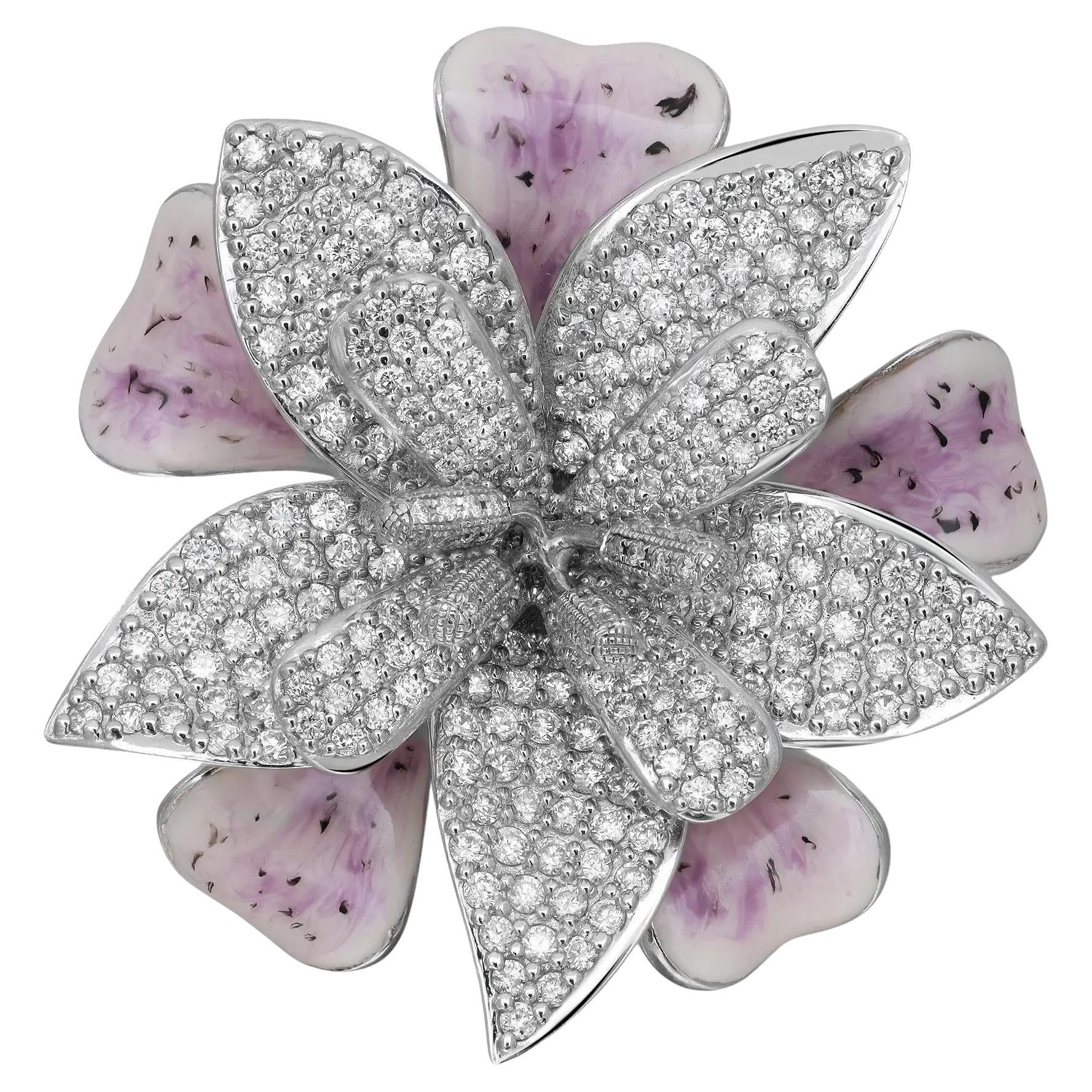 Anello Cocktail con Diamante Taglio Rotondo e Fiore Smaltato Oro Bianco 18K 4.25Cttw Misura 7.5