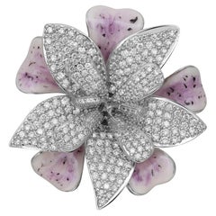 Rundschliff Diamant & Emaille Blumen-Cocktailring 18K Weißgold 4,25 Gesamtgröße 7,5