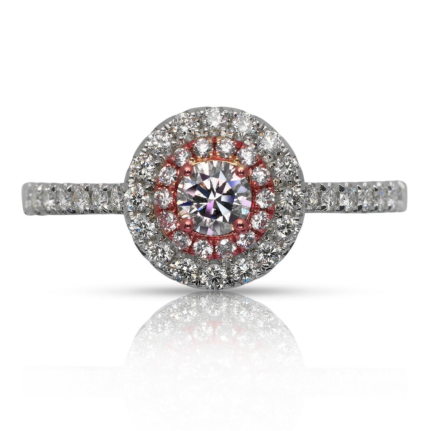 SYLPH HALO ROUND CUT FANCY PINK DIAMOND ENGAGEMENT RING BY MIKE NEKTA
GIA CERTIFIED
Center Diamond:

Carat Weight: 0.17 Carats
Color : FANCY ORANGY PINK  -FOP
Color Origin: NATURAL
Color Distribution : EVEN
Style: ROUND BRILLIANT
Approximate