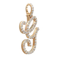 Round Cut Diamond "G" Calligraphy Initial Letter Pendant 14K Yellow Gold 1.17Ctw