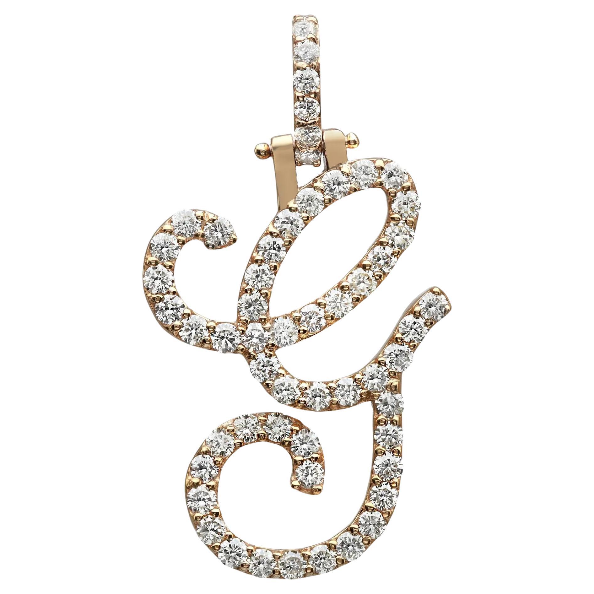 Round Cut Diamond "G" Calligraphy Initial Letter Pendant 14K Yellow Gold 1.17Ctw For Sale