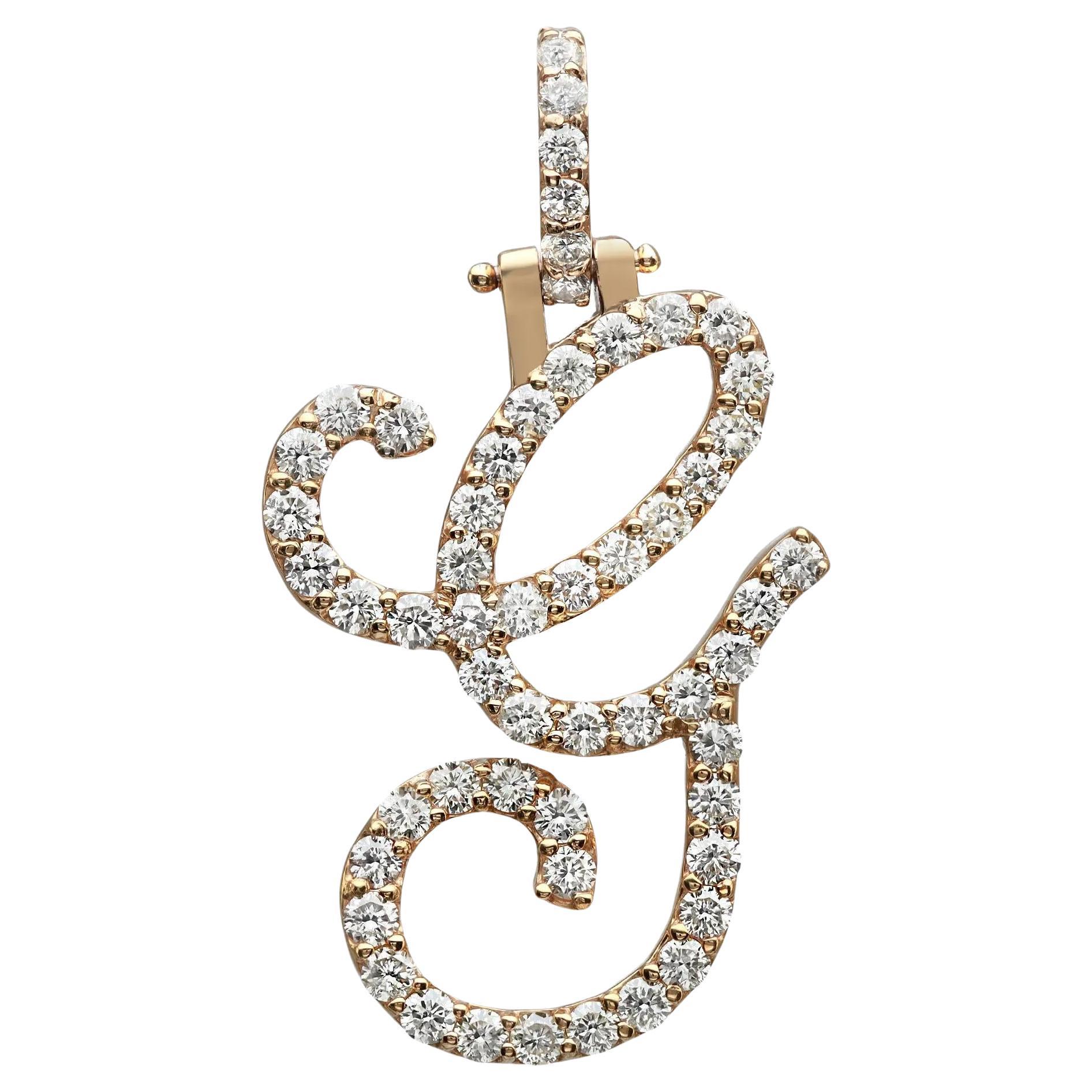 Pendentif lettre initiale « G » en or jaune 14 carats avec diamants taille ronde de 1,17 carat