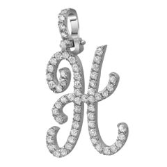 Round Cut Diamond "H" Calligraphy Initial Letter Pendant 14K White Gold 0.96Cttw
