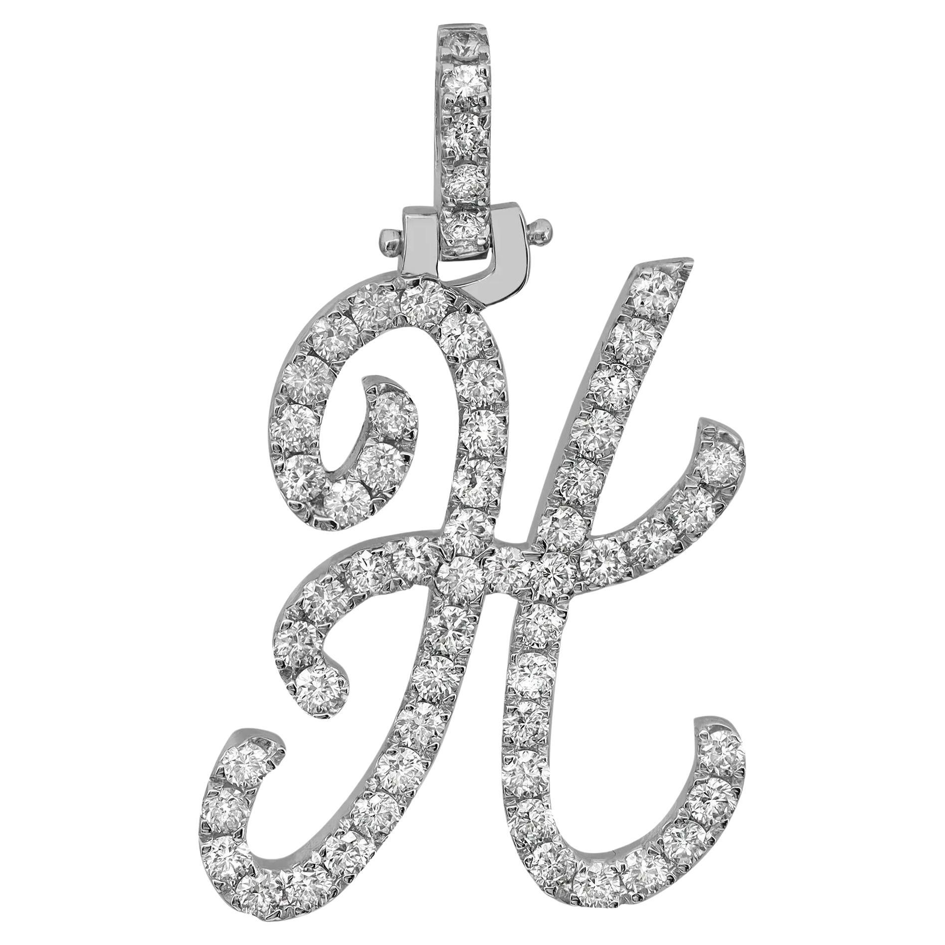 Round Cut Diamond "H" Calligraphy Initial Letter Pendant 14K White Gold 0.96Cttw