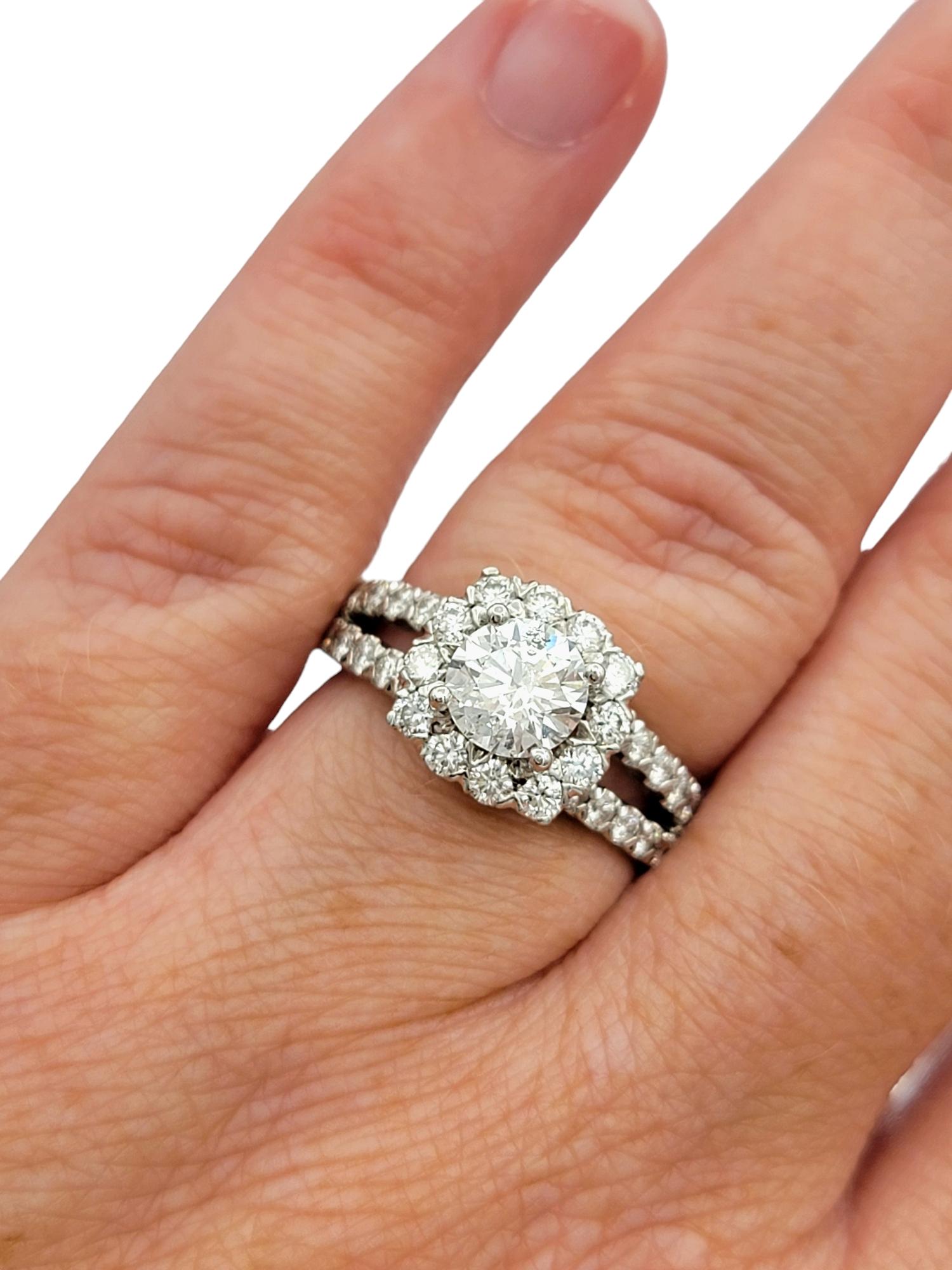 Round Cut Diamond Halo and Split Shank Engagement Ring in 14 Karat White Gold For Sale 5