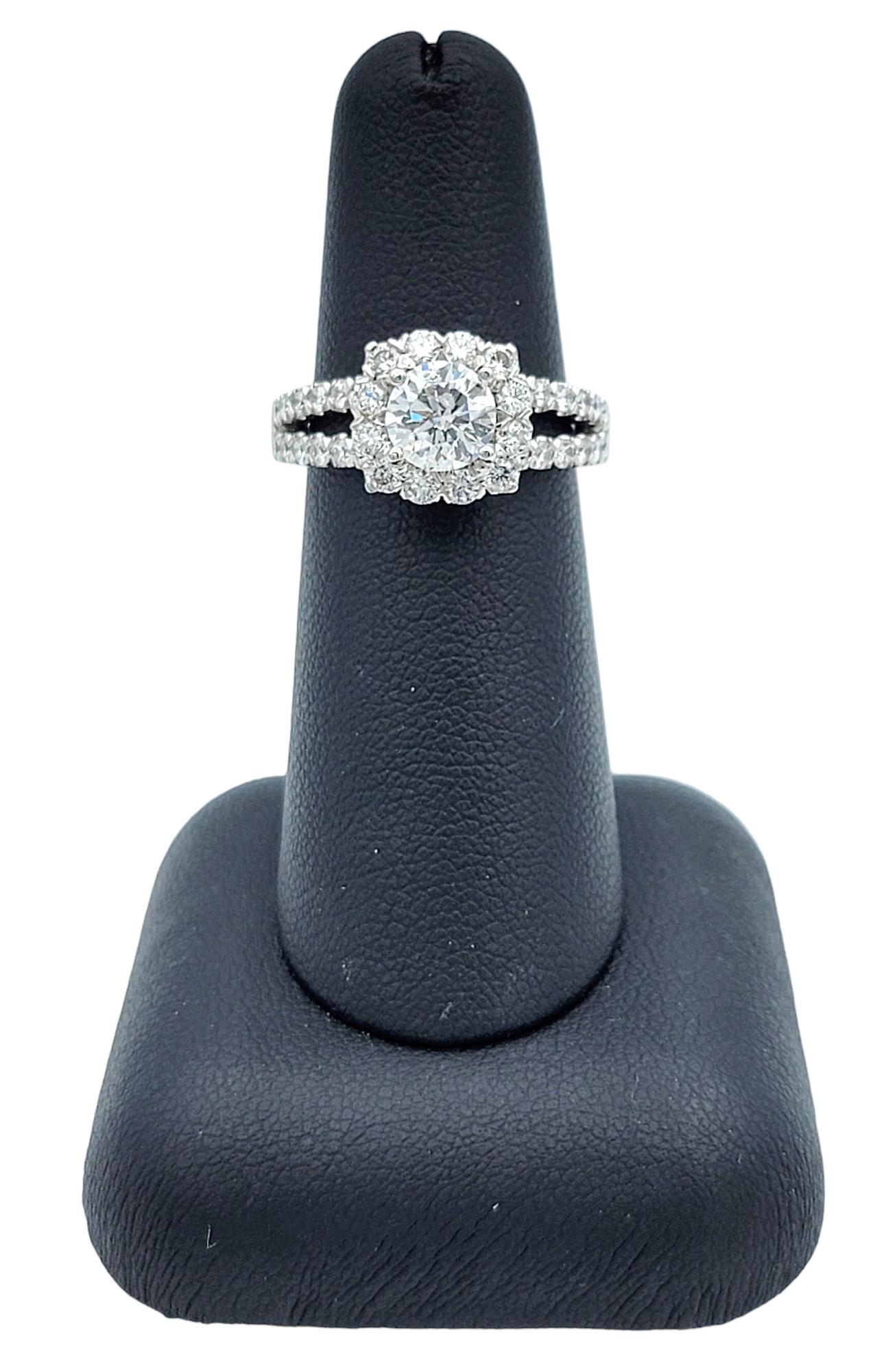 Round Cut Diamond Halo and Split Shank Engagement Ring in 14 Karat White Gold For Sale 6