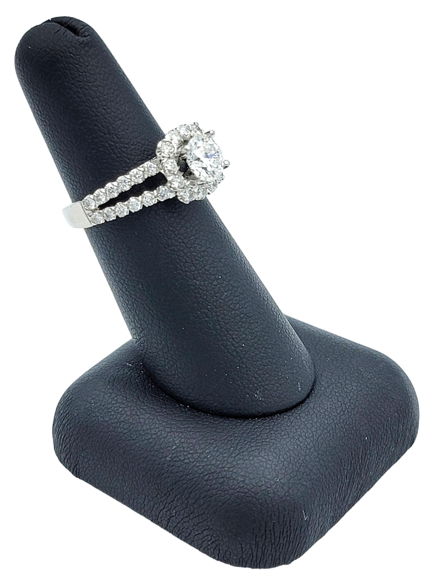 Round Cut Diamond Halo and Split Shank Engagement Ring in 14 Karat White Gold For Sale 7