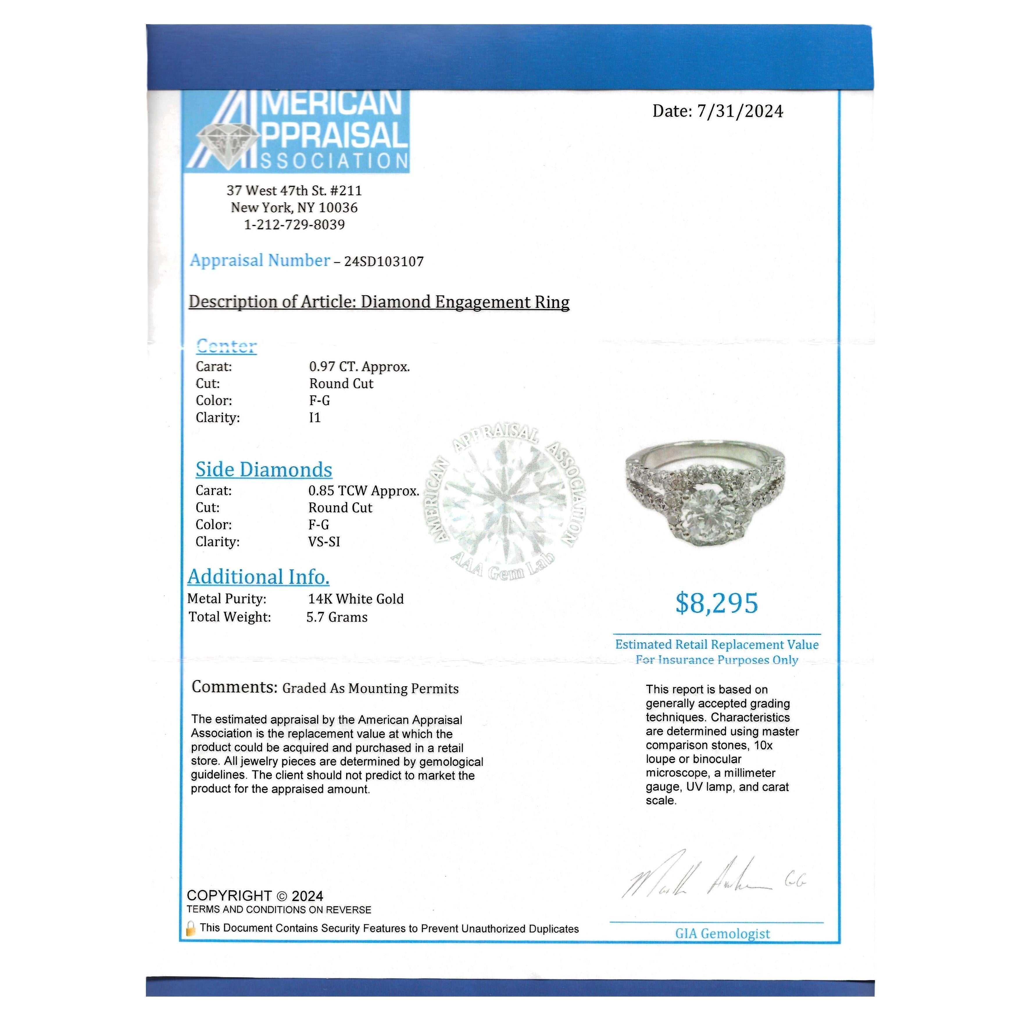 Round Cut Diamond Halo and Split Shank Engagement Ring in 14 Karat White Gold For Sale 8