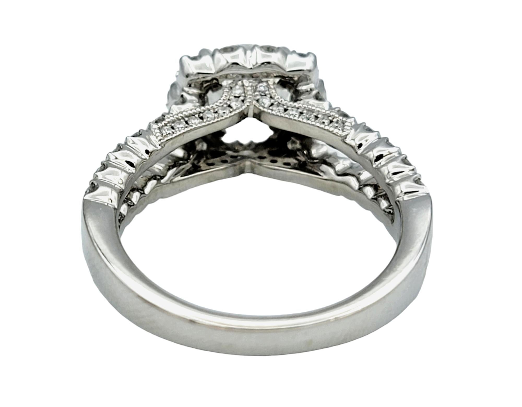 Round Cut Diamond Halo and Split Shank Engagement Ring in 14 Karat White Gold In Good Condition For Sale In Scottsdale, AZ