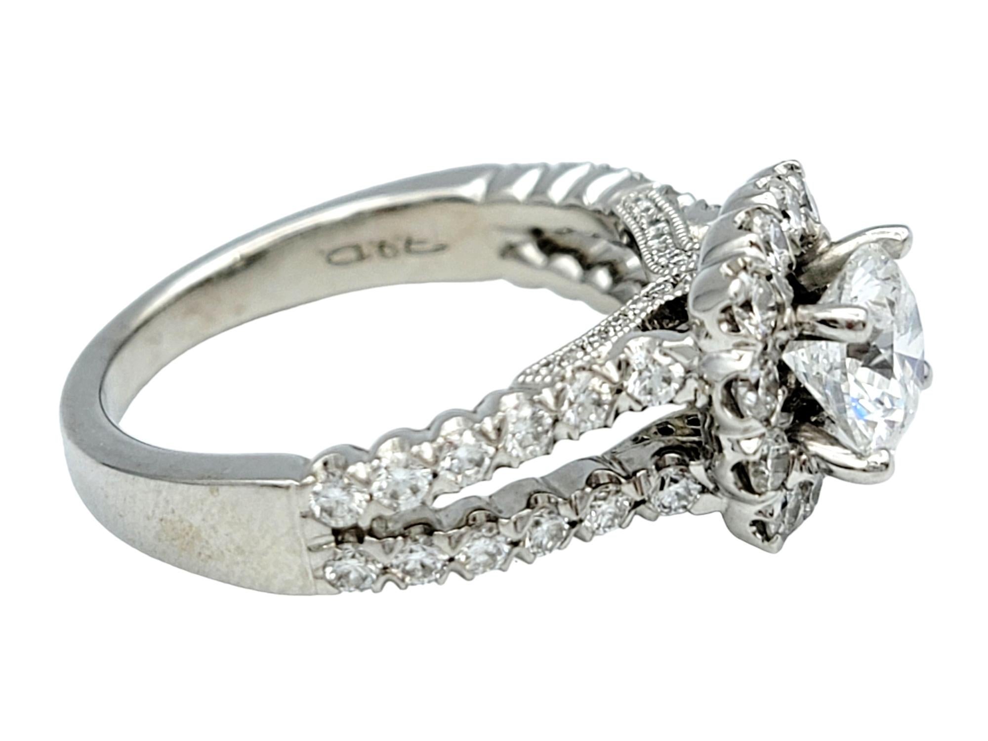 Round Cut Diamond Halo and Split Shank Engagement Ring in 14 Karat White Gold For Sale 1