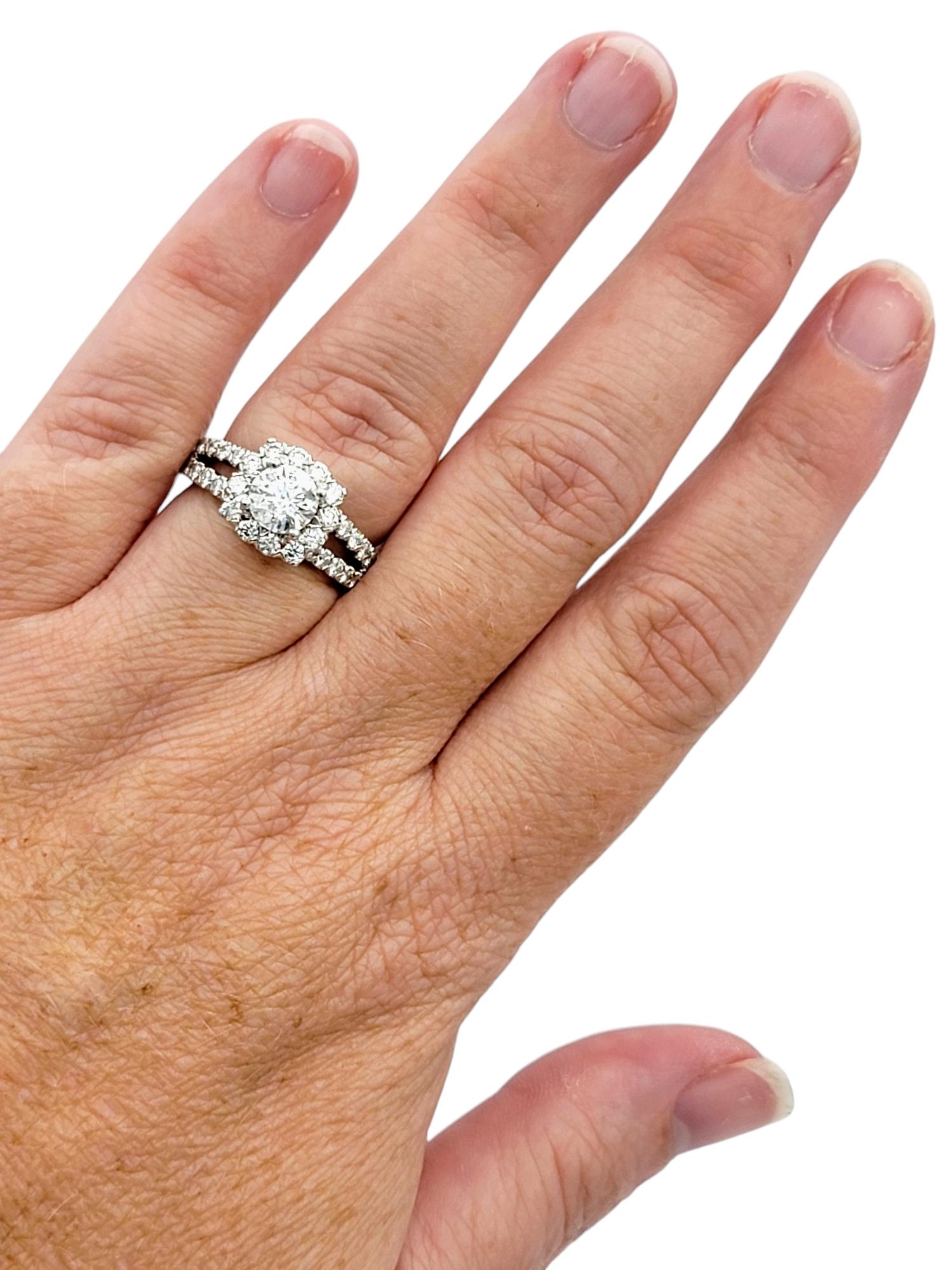 Round Cut Diamond Halo and Split Shank Engagement Ring in 14 Karat White Gold For Sale 4