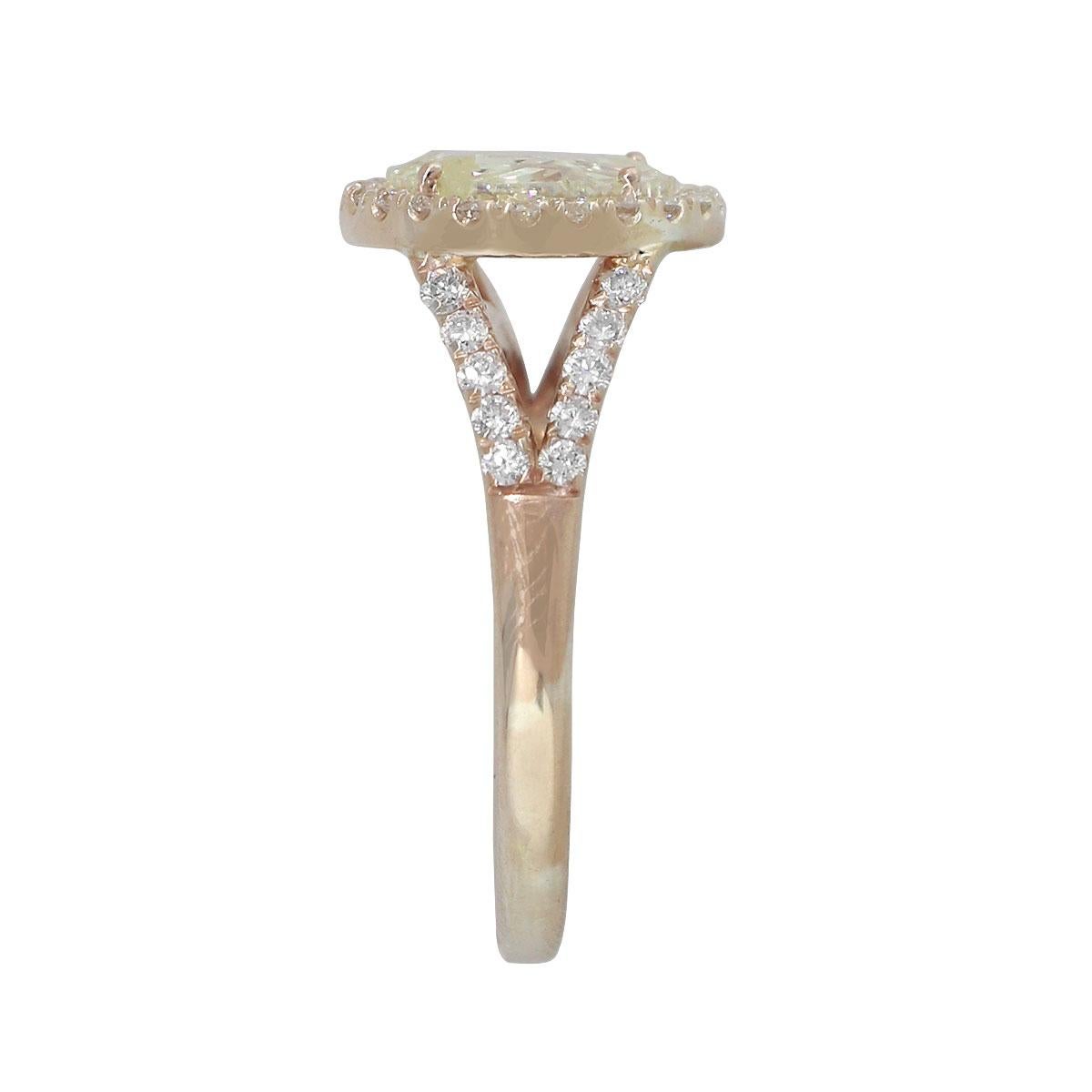 Material: 14k Rose Gold
Center Stone Details: Approx. 1.54ctw Round Cut Diamond. Diamond is J/K in color and SI in clarity
Diamond Details: Approx. 0.64ctw of round cut diamonds. Diamonds are G/H in color and VS in clarity
Size: 6.25
Total Weight: