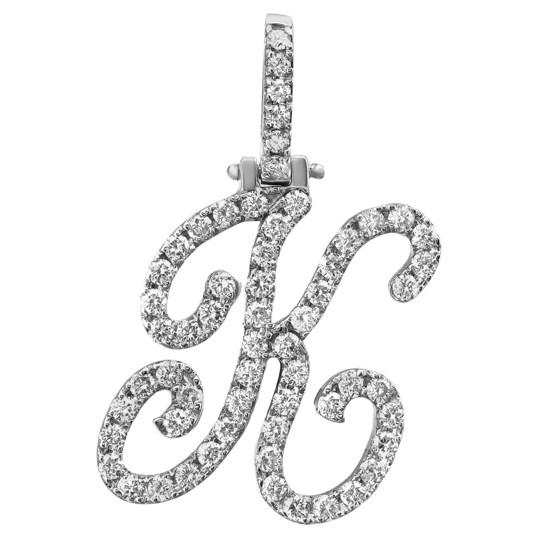 Round Cut Diamond "K" Calligraphy Initial Letter Pendant 14K White Gold 0.82Cttw For Sale
