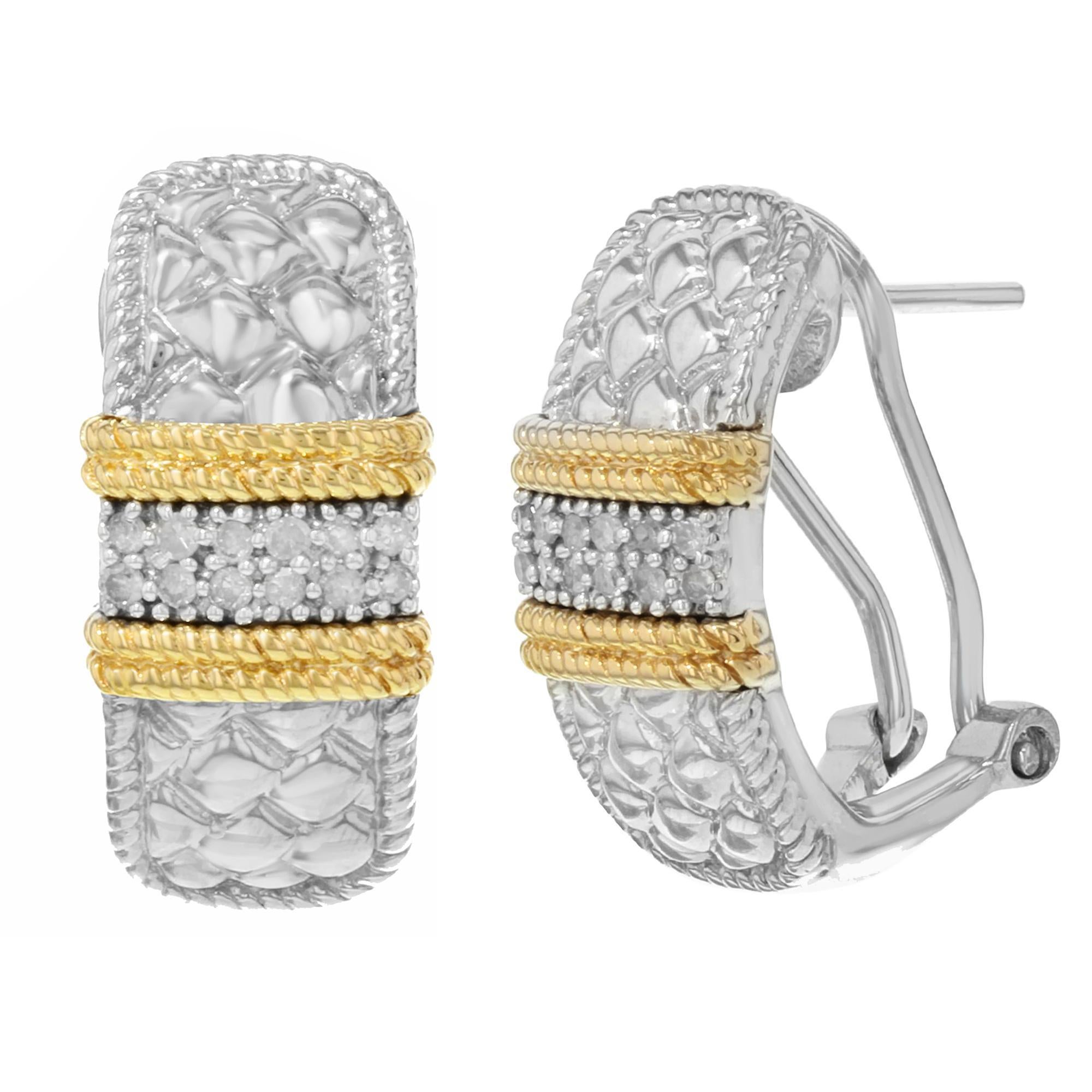 These Huggi earrings are crafted in 14k white & yellow gold. Encrusted with appx. 0.03 cttw diamonds. Length of the earring is 18.2mm, total weight 7.9 g. The earrings come with a gift box and an appraisal card.