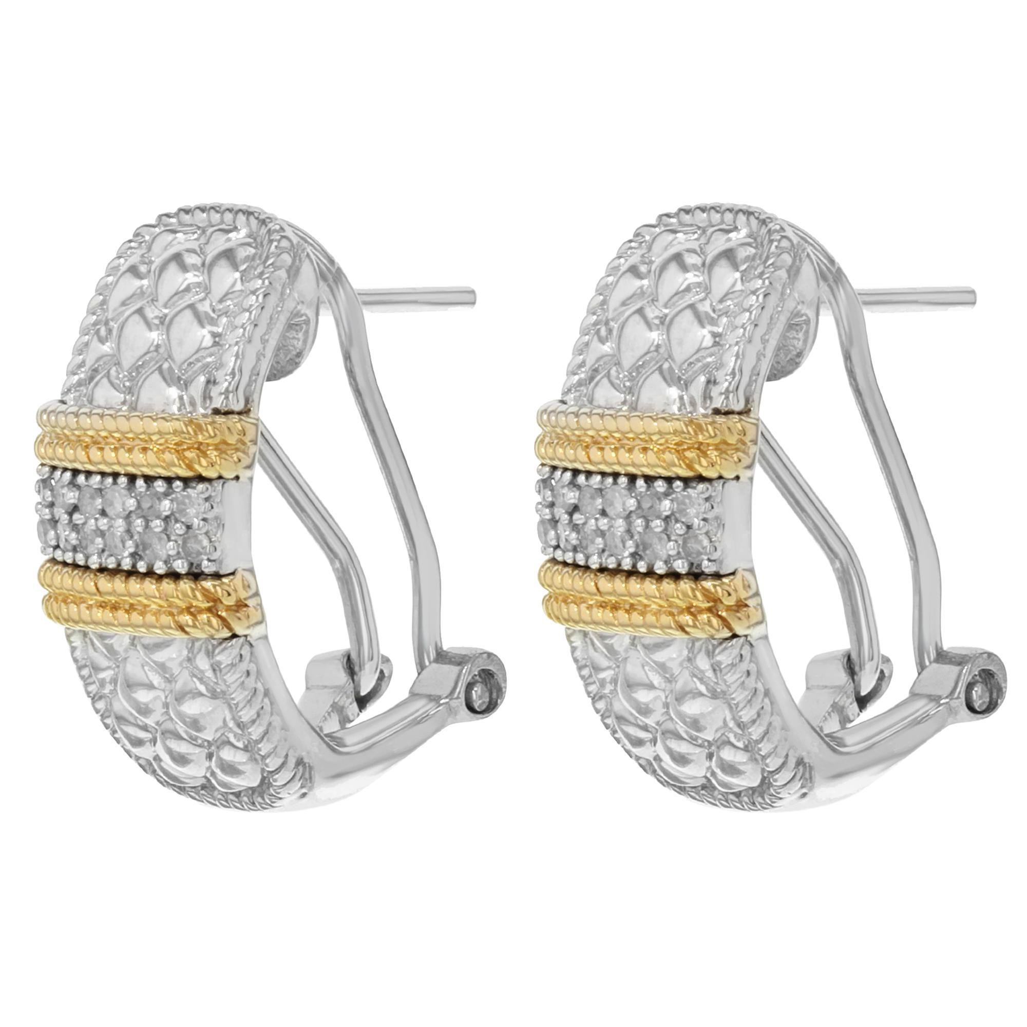 Round Cut Diamond Ladies Huggies Earrings 14k White & Yellow Gold 0.03cttw In New Condition For Sale In New York, NY