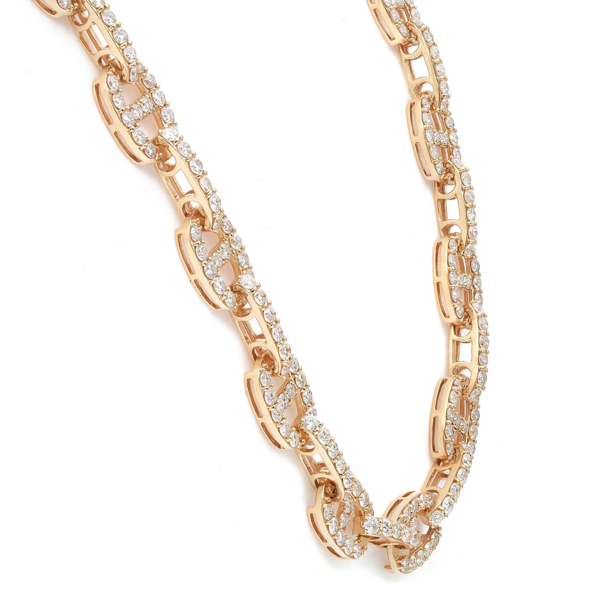 This gorgeous necklace features prong set round brilliant cut diamond studded links crafted in 18K yellow gold. Total diamond weight: 14.95 carats. Diamond quality: color G-H and clarity VS-SI. Necklace length: 17.5 inches. Oval link size: 12.3mm x