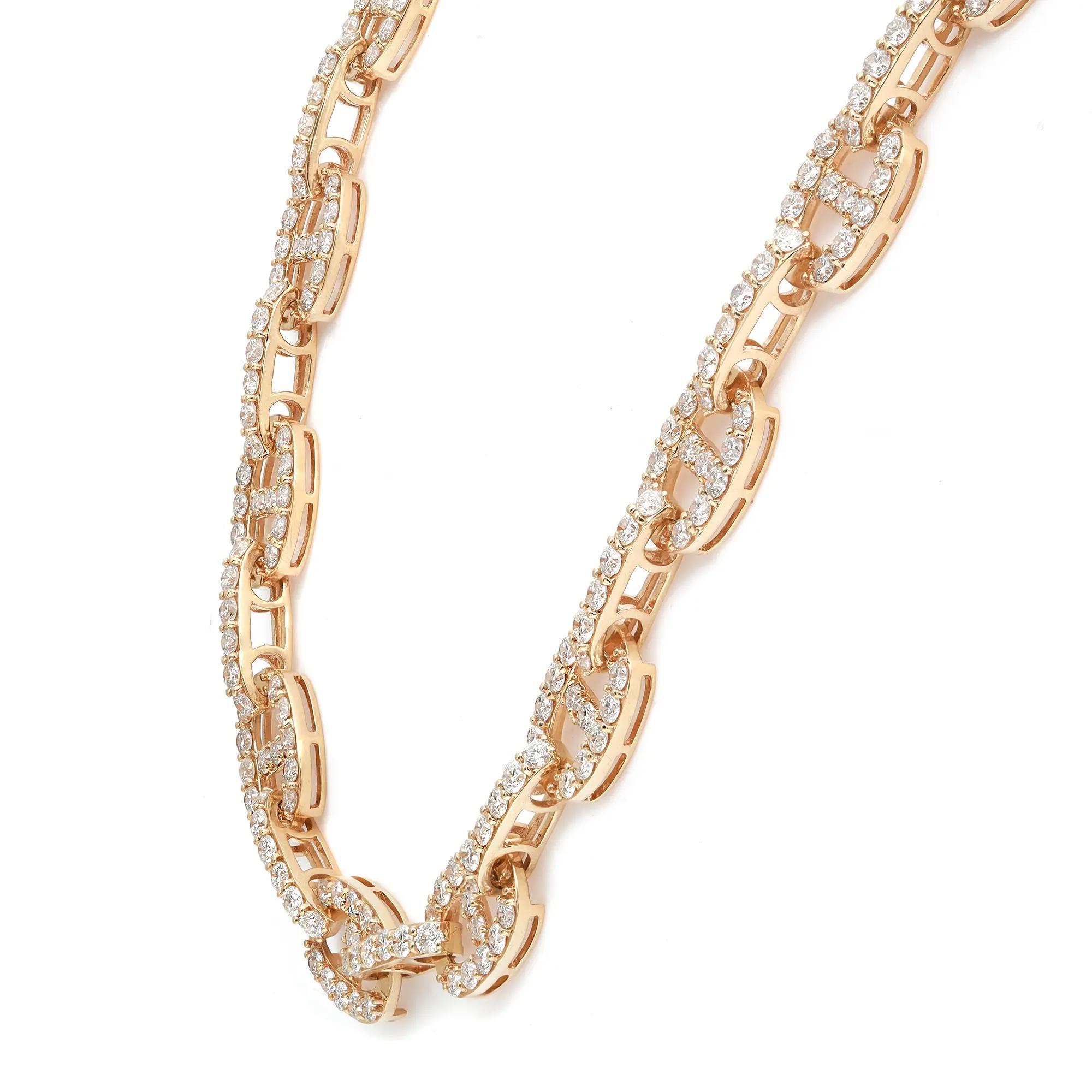 Modern Round Cut Diamond Link Chain Neckalce 18K Yellow Gold 14.95Cttw 17.5 Inches For Sale