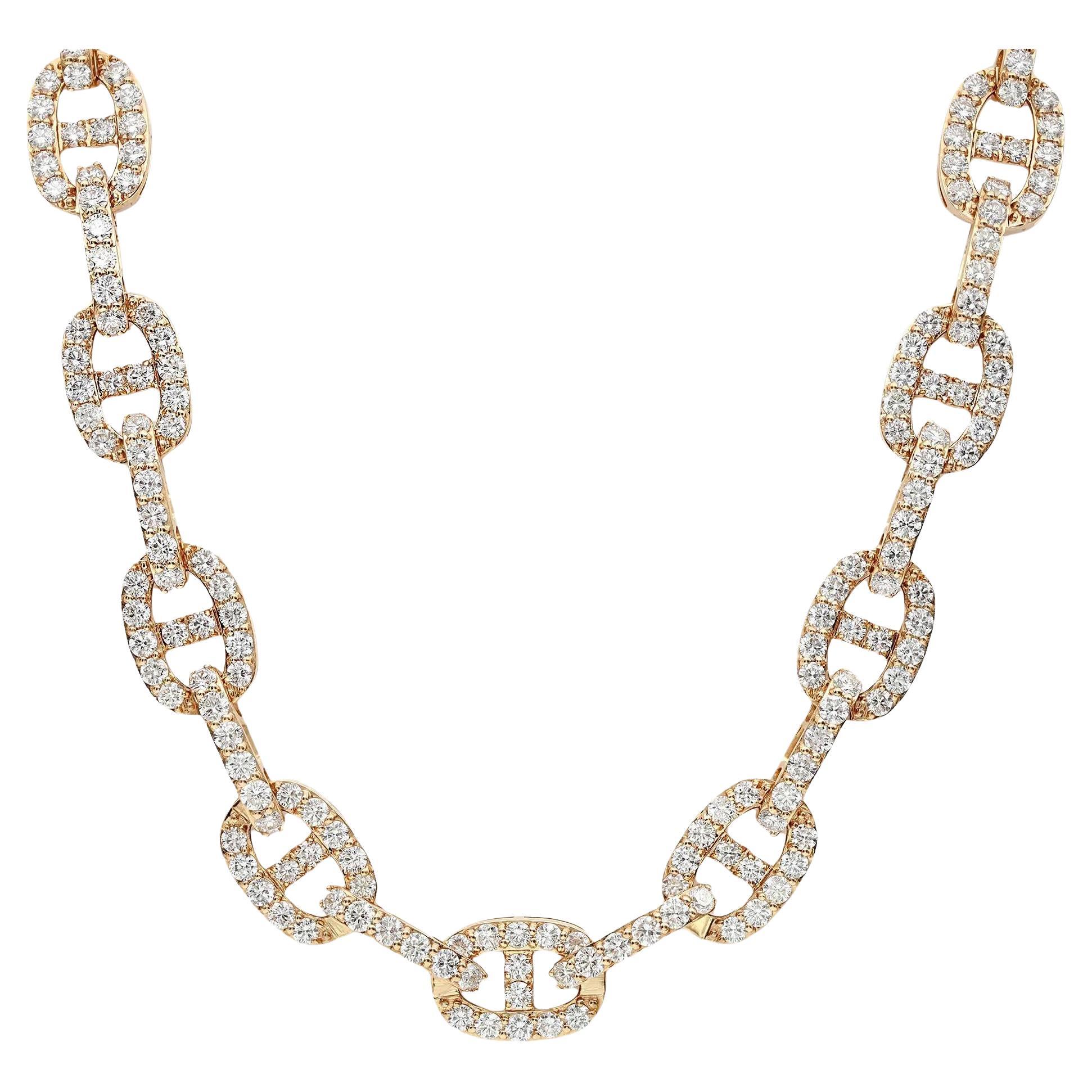 Round Cut Diamond Link Chain Neckalce 18K Yellow Gold 14.95Cttw 17.5 Inches For Sale