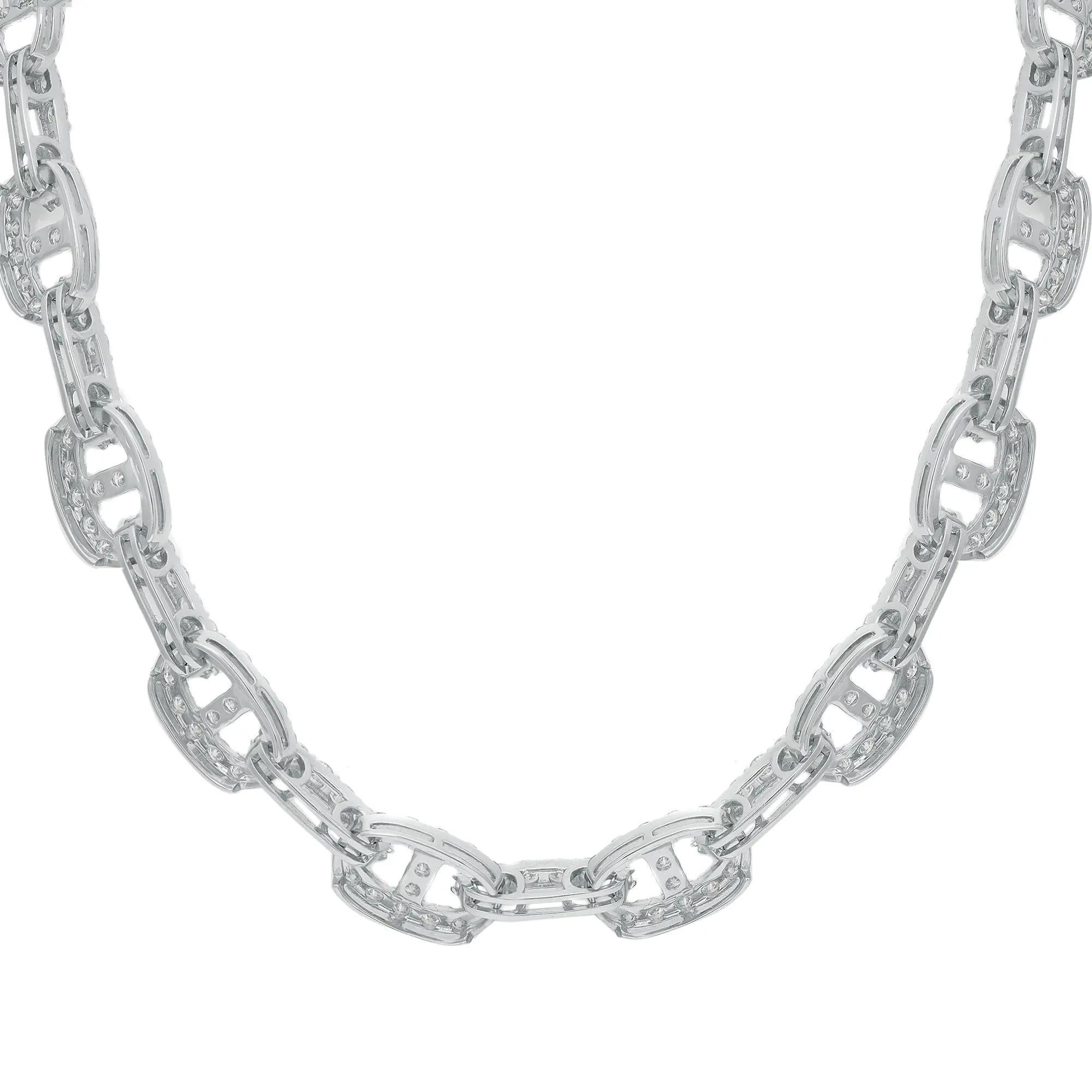Round Cut Diamond Link Chain Necklace 18K White Gold 14.96Cttw 17.5 Inches In New Condition For Sale In New York, NY