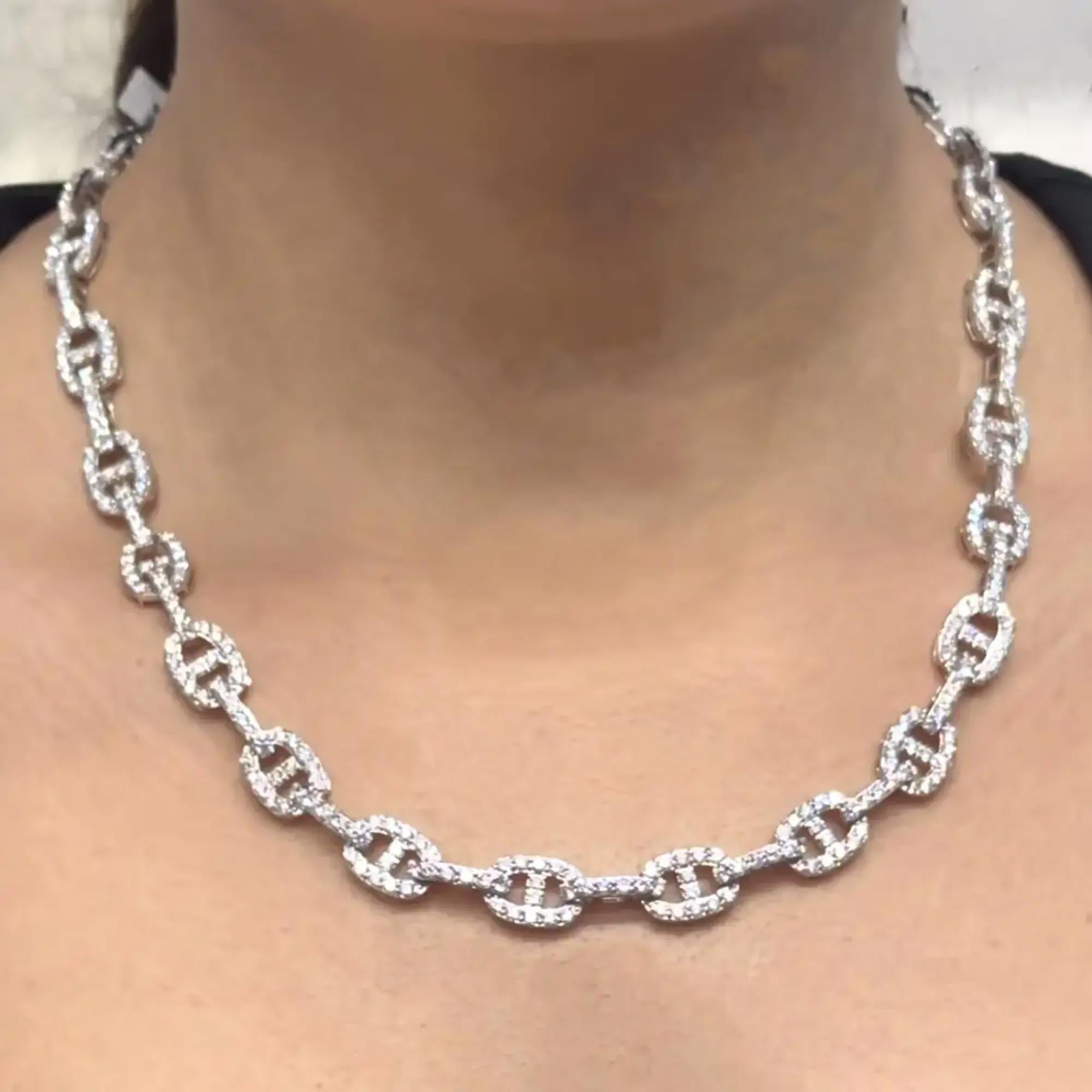 Round Cut Diamond Link Chain Necklace 18K White Gold 14.96Cttw 17.5 Inches In New Condition For Sale In New York, NY