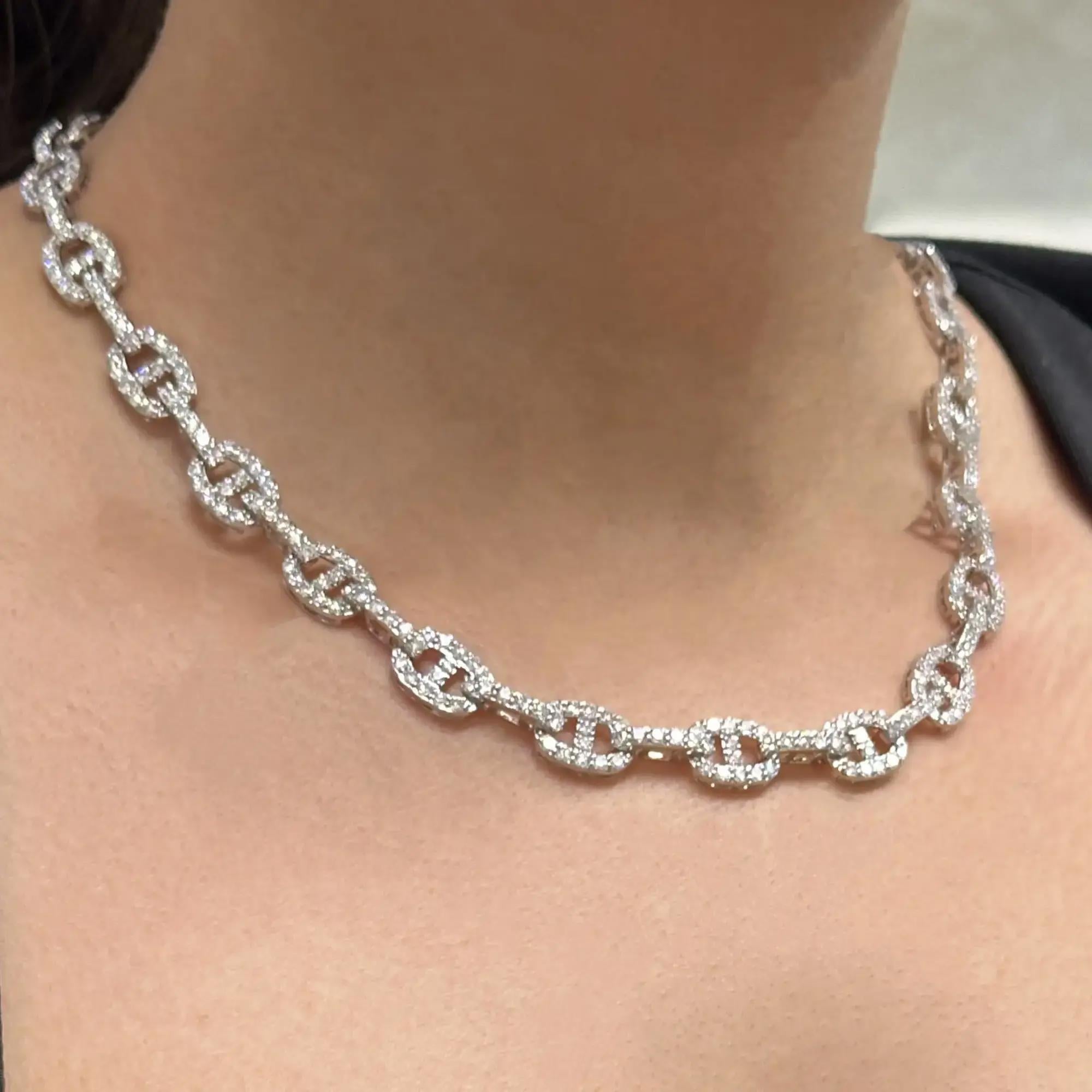 Round Cut Diamond Link Chain Necklace 18K White Gold 14.96Cttw 17.5 Inches For Sale 2
