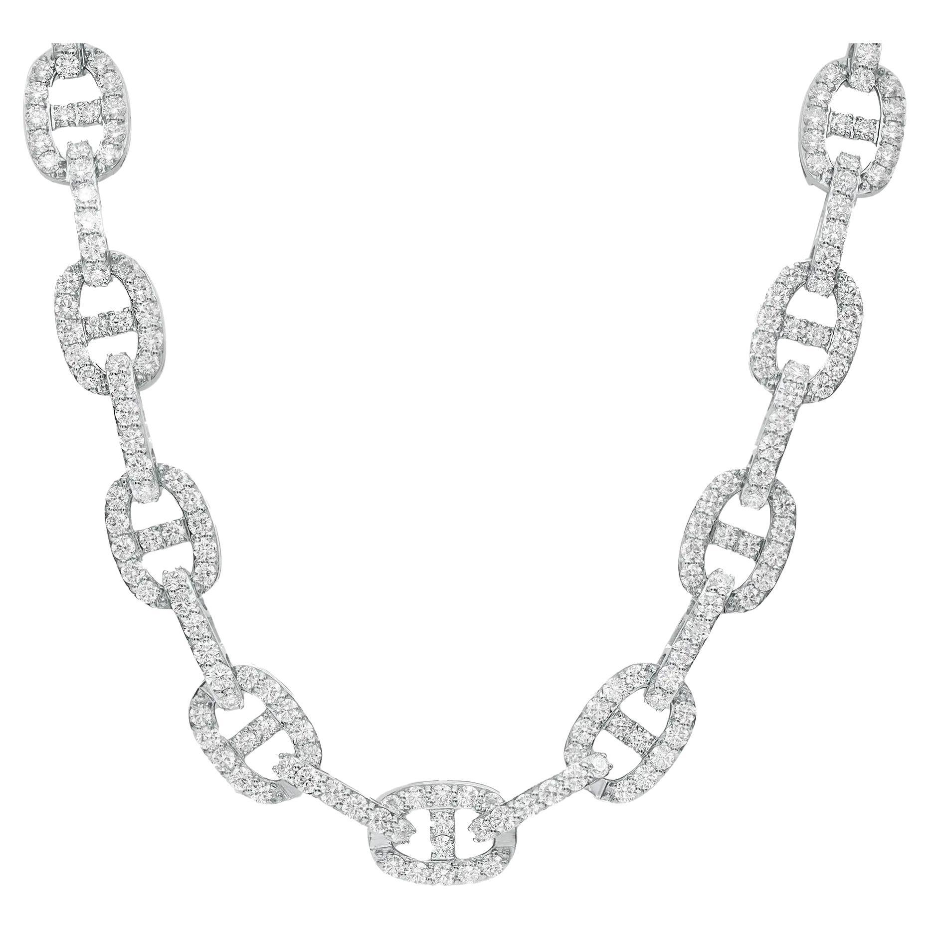 Round Cut Diamond Link Chain Necklace 18K White Gold 14.96Cttw 17.5 Inches For Sale