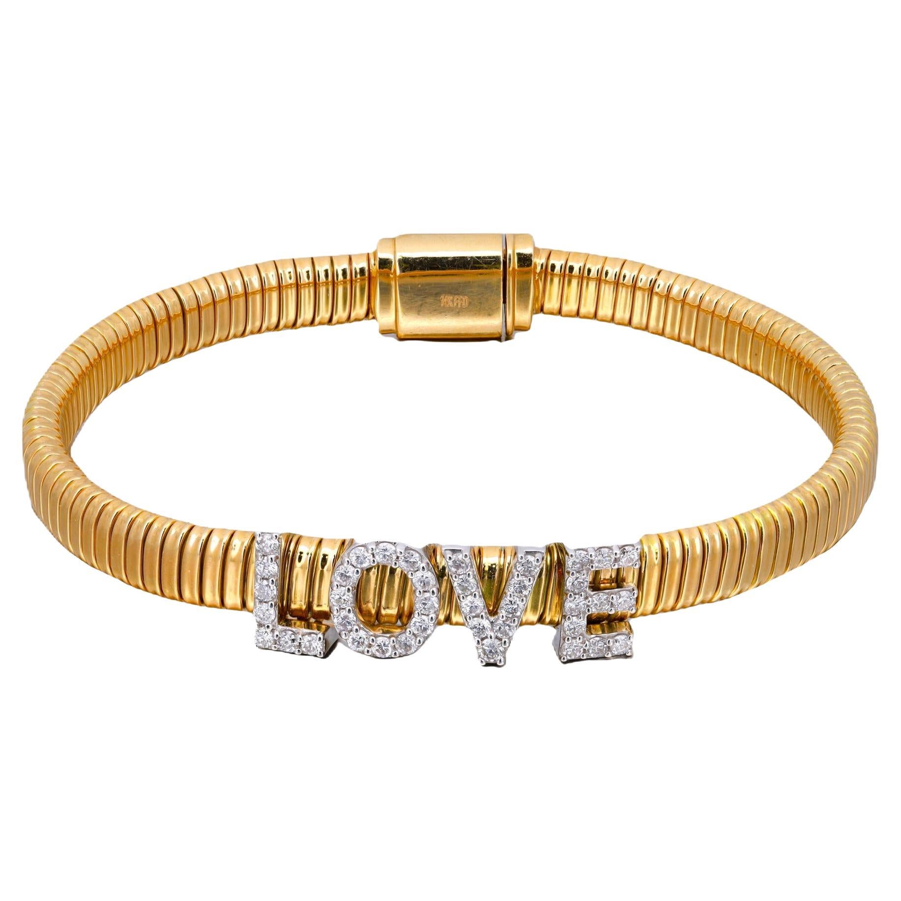 Round Cut Diamond LOVE Snake Chain Bracelet 14K Yellow Gold 0.85Cttw