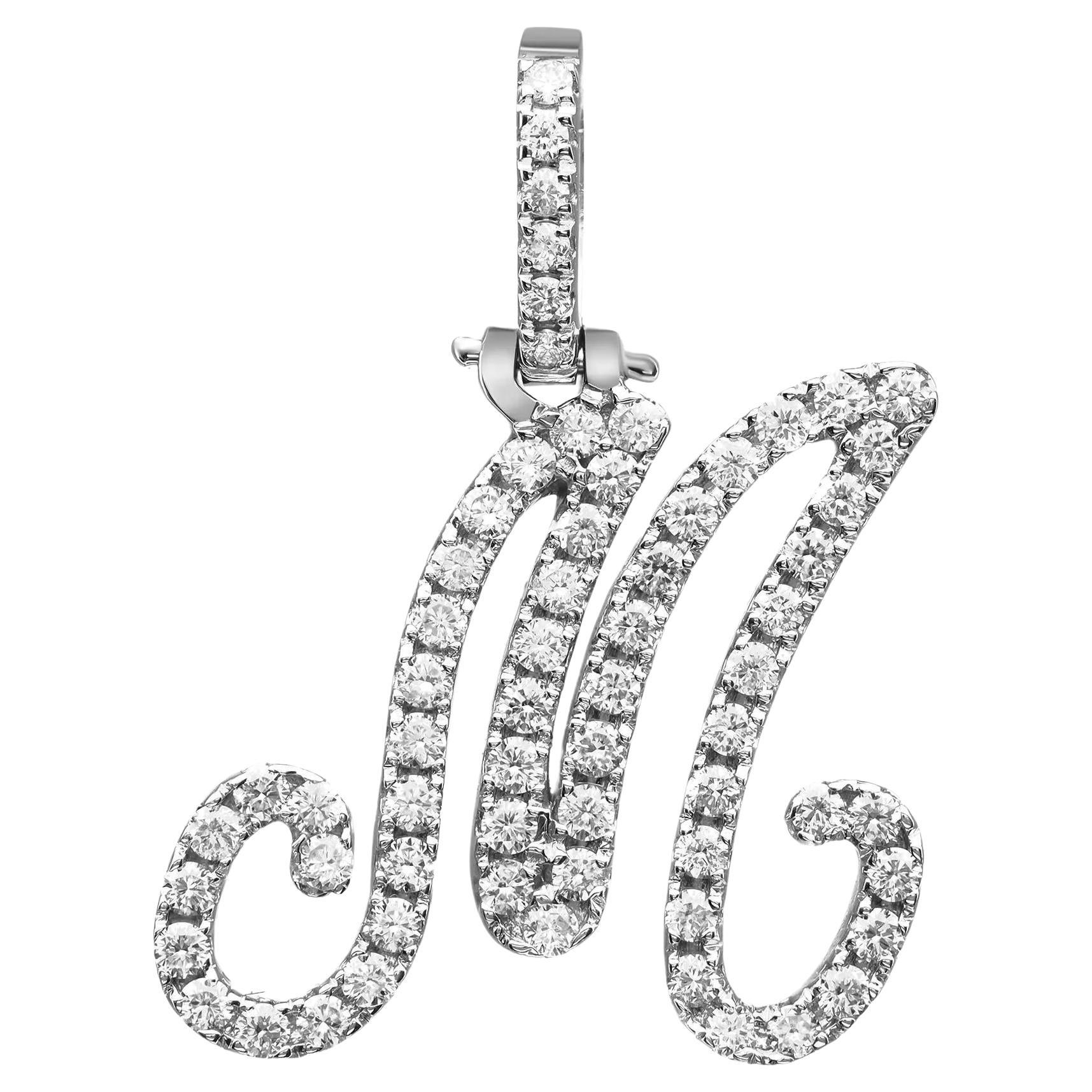 Round Cut Diamond "M" Calligraphy Initial Letter Pendant 14K White Gold 0.77Ctw For Sale