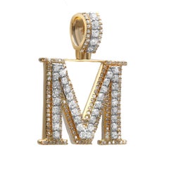 Round Cut Diamond "M" Letter Initial Pendant 14K Yellow Gold 1.24Cttw